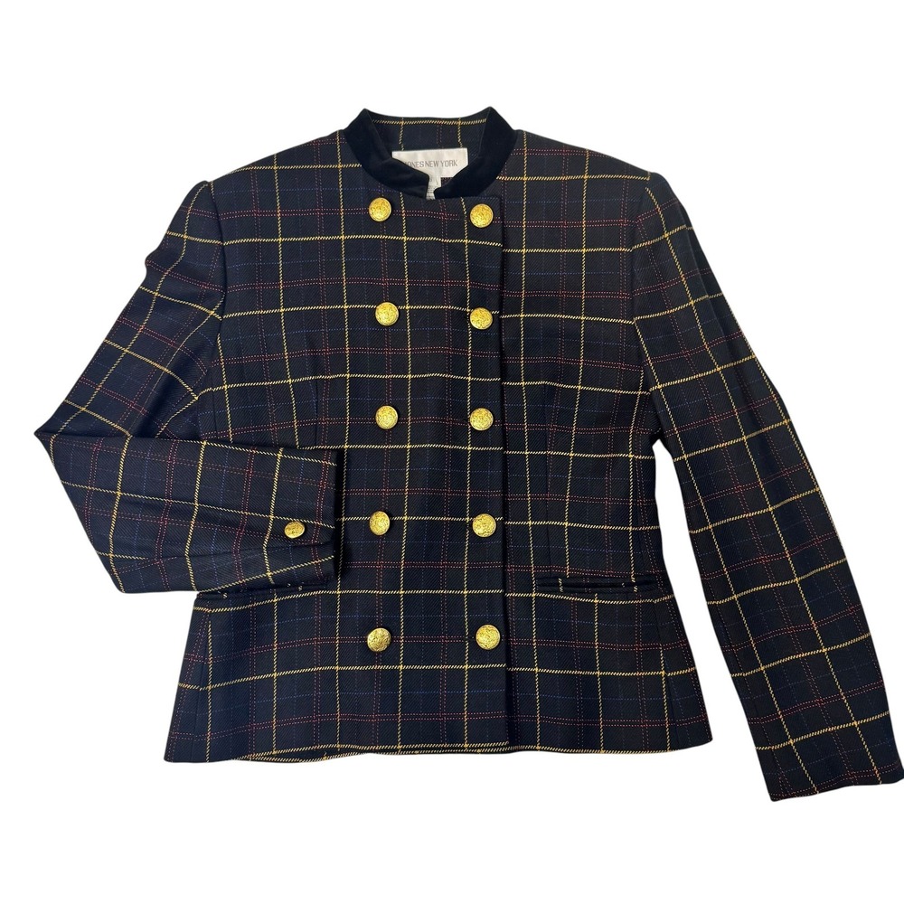 Jones New York Wool Plaid Blazer Navy Blue Gold Button Military Jacket Size 10